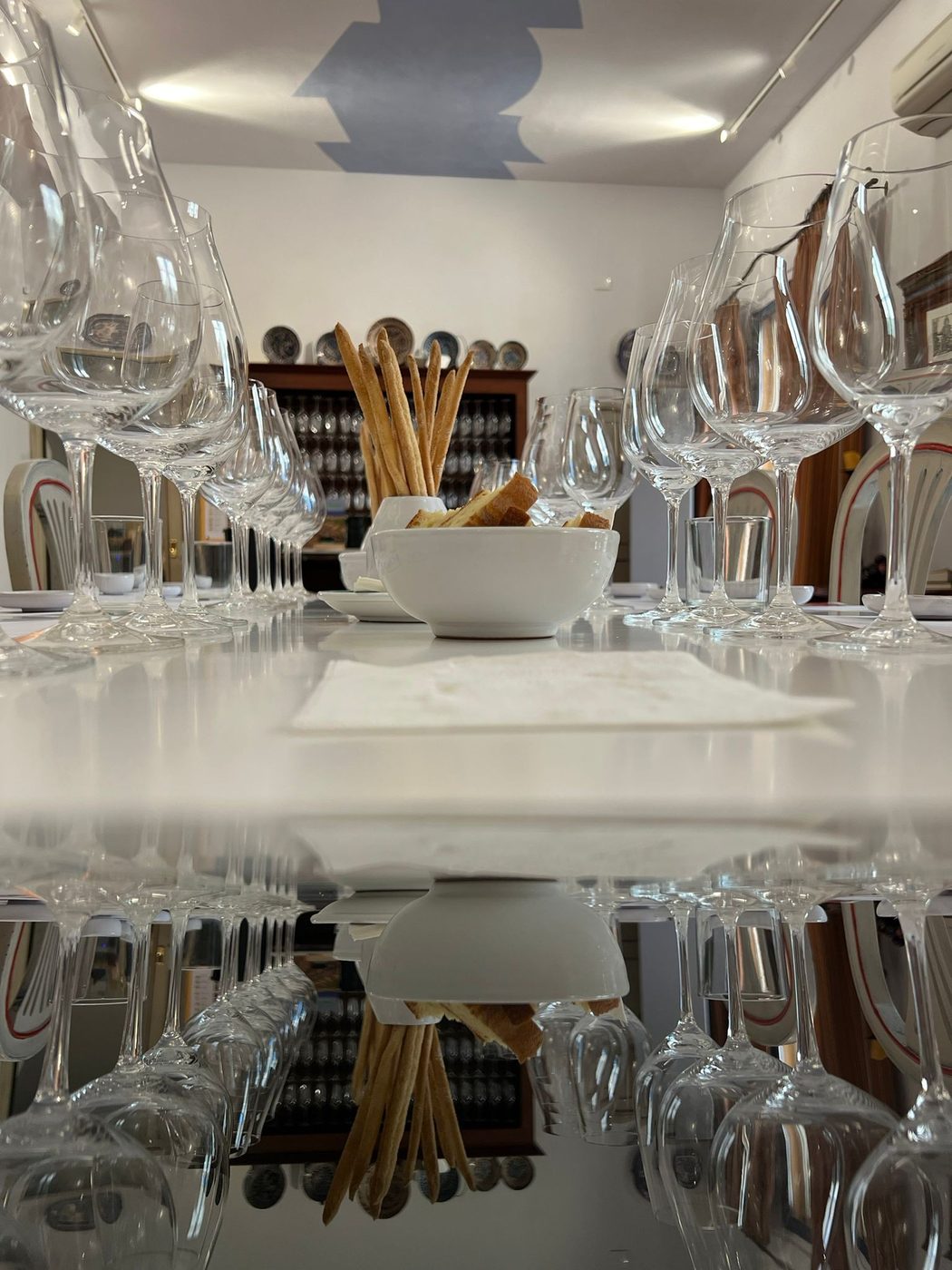 Wine glasses set for an education and training tasting session
